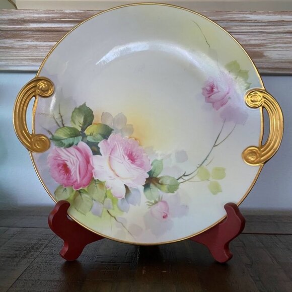 Hand Painted Nippon Porcelain Plate w/ Gold Handles – Pink Roses – 11” Vintage - Picture 3 of 7